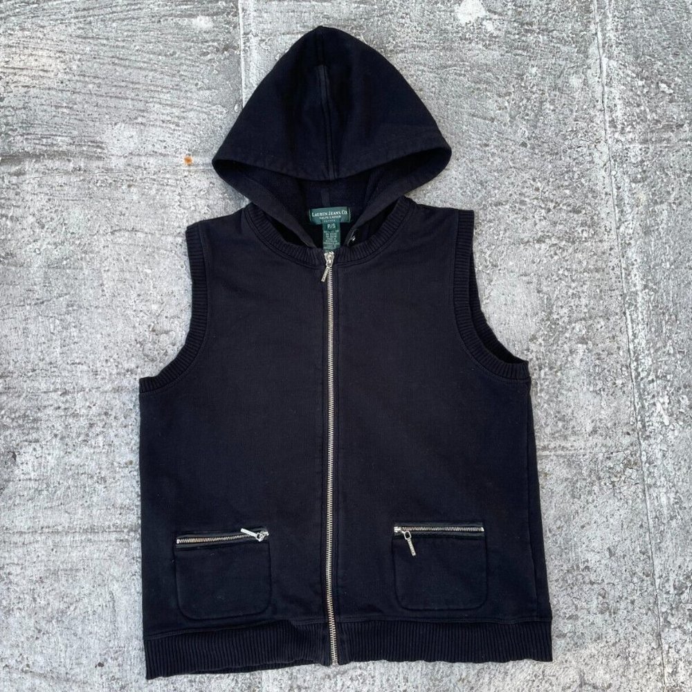 Ralph Lauren Petite Women Vest Black Cotton Hooded Zip Up Vest Size PS - Picture 2 of 11
